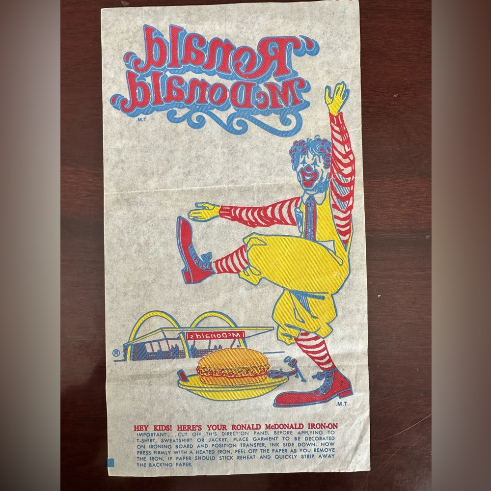 Vintage 1960’s Ronald McDonald (McDonalds) iron on transfer decal (unused)